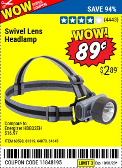 Harbor Freight Coupon HEADLAMP WITH SWIVEL LENS Lot No. 45807/61319/63598/62614 Expired: 10/31/20 - $0.89