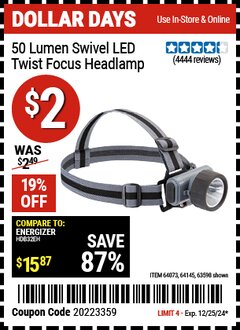 Harbor Freight Coupon 50 LUMEN SWIVEL LED TWIST FOCUS HEADLAMP Lot No. 63598/64073/64145 Expired: 12/25/24 - $2