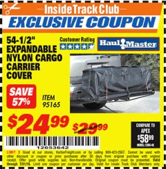 Harbor Freight ITC Coupon 54-1/2" EXPANDABLE NYLON CARGO CARRIER COVER Lot No. 95165 Expired: 7/31/18 - $24.99