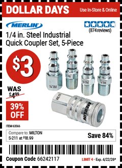Harbor Freight Coupon MERLIN 1/4 IN. STEEL INDUSTRIAL QUICK COUPLER SET, 5-PIECE Lot No. 63566 Valid Thru: 4/22/26 - $3