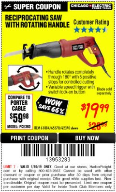Harbor Freight ITC Coupon 6 AMP HEAVY DUTY RECIPROCATING SAW Lot No. 61884/65570/62370 Expired: 1/10/19 - $19.99