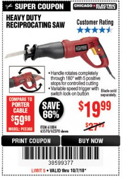 Harbor Freight Coupon 6 AMP HEAVY DUTY RECIPROCATING SAW Lot No. 61884/65570/62370 Expired: 10/7/18 - $19.99