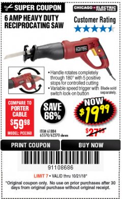 Harbor Freight Coupon 6 AMP HEAVY DUTY RECIPROCATING SAW Lot No. 61884/65570/62370 Expired: 10/21/18 - $19.99
