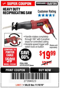 Harbor Freight Coupon 6 AMP HEAVY DUTY RECIPROCATING SAW Lot No. 61884/65570/62370 Expired: 11/18/18 - $19.99