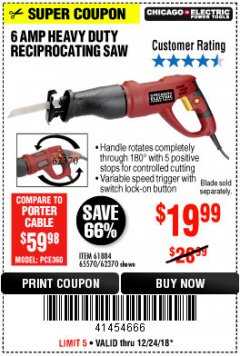 Harbor Freight Coupon 6 AMP HEAVY DUTY RECIPROCATING SAW Lot No. 61884/65570/62370 Expired: 12/24/18 - $19.99
