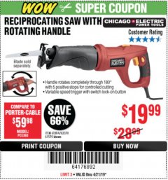 Harbor Freight Coupon 6 AMP HEAVY DUTY RECIPROCATING SAW Lot No. 61884/65570/62370 Expired: 4/21/19 - $19.99