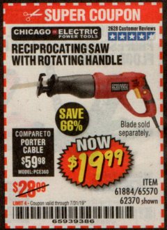 Harbor Freight Coupon 6 AMP HEAVY DUTY RECIPROCATING SAW Lot No. 61884/65570/62370 Expired: 7/31/19 - $19.99