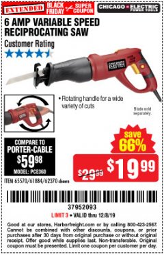 Harbor Freight Coupon 6 AMP HEAVY DUTY RECIPROCATING SAW Lot No. 61884/65570/62370 Expired: 12/8/19 - $19.99