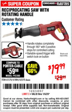 Harbor Freight Coupon 6 AMP HEAVY DUTY RECIPROCATING SAW Lot No. 61884/65570/62370 Expired: 1/6/20 - $19.99