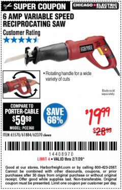 Harbor Freight Coupon 6 AMP HEAVY DUTY RECIPROCATING SAW Lot No. 61884/65570/62370 Expired: 2/7/20 - $19.99