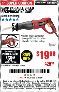 Harbor Freight Coupon 6 AMP HEAVY DUTY RECIPROCATING SAW Lot No. 61884/65570/62370 Expired: 6/30/20 - $19.99