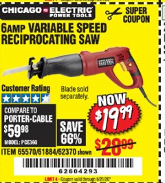 Harbor Freight Coupon 6 AMP HEAVY DUTY RECIPROCATING SAW Lot No. 61884/65570/62370 Expired: 6/21/20 - $19.99