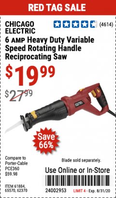 Harbor Freight Coupon 6 AMP HEAVY DUTY RECIPROCATING SAW Lot No. 61884/65570/62370 Expired: 8/31/20 - $19.99