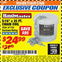 Harbor Freight ITC Coupon 5/16'' X 25 FT. CHAIN COIL Lot No. 47700 Expired: 7/22/18 - $24.99
