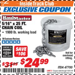 Harbor Freight ITC Coupon 5/16'' X 25 FT. CHAIN COIL Lot No. 47700 Expired: 10/31/19 - $24.99