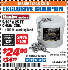 Harbor Freight ITC Coupon 5/16'' X 25 FT. CHAIN COIL Lot No. 47700 Expired: 4/30/20 - $24.99