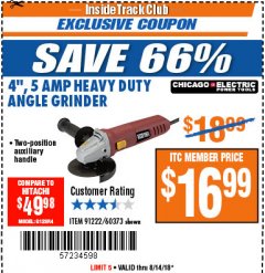 Harbor Freight ITC Coupon 4'', 5 AMP HEAVY DUTY ANGLE GRINDER Lot No. 60373 Expired: 8/14/18 - $16.99