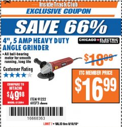 Harbor Freight ITC Coupon 4'', 5 AMP HEAVY DUTY ANGLE GRINDER Lot No. 60373 Expired: 9/18/18 - $16.99