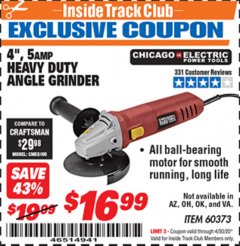 Harbor Freight ITC Coupon 4'', 5 AMP HEAVY DUTY ANGLE GRINDER Lot No. 60373 Expired: 4/30/20 - $16.99