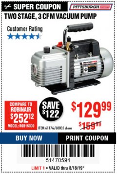 Harbor Freight Coupon 3 CFM TWO STAGE VACUUM PUMP Lot No. 61176/60805 Expired: 8/18/19 - $129.99