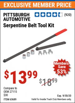 Harbor Freight ITC Coupon PITTSBURGH SERPENTINE BELT TOOL KIT Lot No. 63689 Expired: 9/30/20 - $13.99