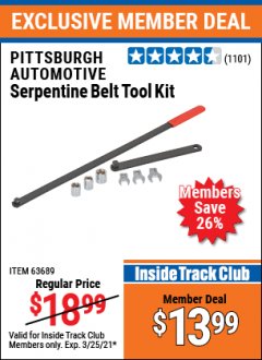 Harbor Freight ITC Coupon SERPENTINE BELT TOOL KIT Lot No. 63077/66344/63689 Expired: 3/25/21 - $13.99