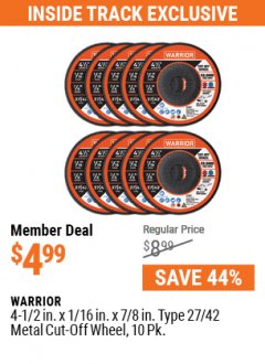 Harbor Freight ITC Coupon WARRIOR 4-1/2" CUT-OFF WHEELS FOR METAL - PACK OF 10 Lot No. 61195/45430 Expired: 5/31/21 - $4.99
