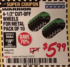 Harbor Freight Coupon WARRIOR 4-1/2" CUT-OFF WHEELS FOR METAL - PACK OF 10 Lot No. 61195/45430 Expired: 1/31/19 - $5.99