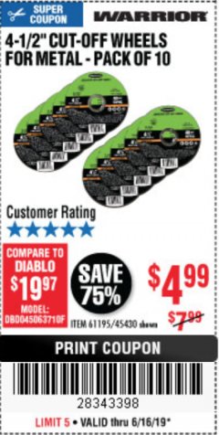 Harbor Freight Coupon WARRIOR 4-1/2" CUT-OFF WHEELS FOR METAL - PACK OF 10 Lot No. 61195/45430 Expired: 6/16/19 - $4.99