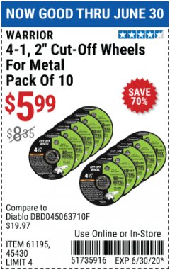 Harbor Freight Coupon WARRIOR 4-1/2" CUT-OFF WHEELS FOR METAL - PACK OF 10 Lot No. 61195/45430 Expired: 6/30/20 - $5.99