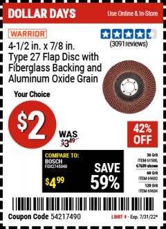 Harbor Freight Coupon 4-1/2'' FLAP DISC Lot No. 67639/61500/69602/6904 Expired: 7/31/22 - $2
