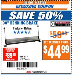 Harbor Freight ITC Coupon 30'' BENDING BRAKE Lot No. 67240/61791 Expired: 7/17/18 - $44.99