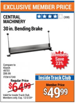 Harbor Freight Coupon 30'' BENDING BRAKE Lot No. 67240/61791 Expired: 12/3/20 - $49.99