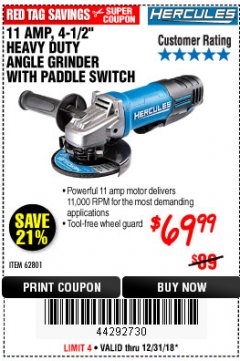 Harbor Freight Coupon HERCULES HE61P 11AMP, 4-1/2" GRINDER WITH PADDLE SWITCH Lot No. 62801 Expired: 12/31/18 - $69.99