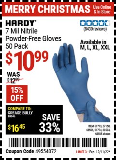 Harbor Freight Coupon 7 MIL HEAVY DUTY POWDER-FREE NITRILE GLOVES PACK OF 50 Lot No. 68504/61775/61773/68506/61774/68505 Expired: 12/11/22 - $10.99