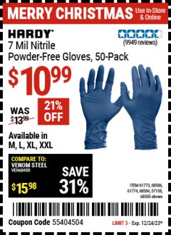 Harbor Freight Coupon 7 MIL HEAVY DUTY POWDER-FREE NITRILE GLOVES PACK OF 50 Lot No. 68504/61775/61773/68506/61774/68505 Expired: 12/24/23 - $10.99