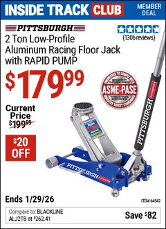 Harbor Freight ITC Coupon PITTSBURGH 2 TON LOW-PROFILE ALUMINUM RACING FLOOR JACK WITH RAPID PUMP Lot No. 64542 Valid Thru: 1/29/26 - $179.99