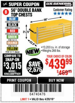 Harbor Freight Coupon 56" DOUBLE BANK TOP CHESTS Lot No. 64135/64166/64455/64456/64863/64865/56113/56114/56115 Expired: 4/28/19 - $439.99