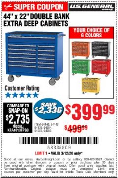 Harbor Freight ITC Coupon 44" X 22" DOUBLE BANK EXTRA DEEP ROLLER CABINETS Lot No. 64444/64445/64446/64441/64442/64443/64281/64134/64133/64954/64955/64956 Expired: 3/12/20 - $399.99