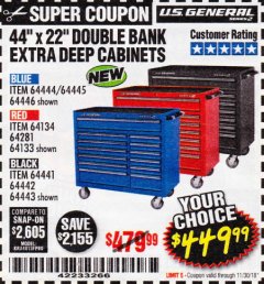 Harbor Freight Coupon 44" X 22" DOUBLE BANK EXTRA DEEP ROLLER CABINETS Lot No. 64444/64445/64446/64441/64442/64443/64281/64134/64133/64954/64955/64956 Expired: 11/30/18 - $449.99