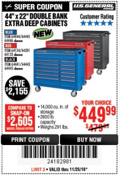 Harbor Freight Coupon 44" X 22" DOUBLE BANK EXTRA DEEP ROLLER CABINETS Lot No. 64444/64445/64446/64441/64442/64443/64281/64134/64133/64954/64955/64956 Expired: 11/25/18 - $449.99