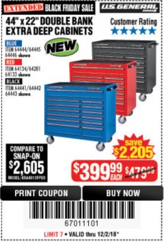 Harbor Freight Coupon 44" X 22" DOUBLE BANK EXTRA DEEP ROLLER CABINETS Lot No. 64444/64445/64446/64441/64442/64443/64281/64134/64133/64954/64955/64956 Expired: 12/2/18 - $399