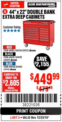 Harbor Freight Coupon 44" X 22" DOUBLE BANK EXTRA DEEP ROLLER CABINETS Lot No. 64444/64445/64446/64441/64442/64443/64281/64134/64133/64954/64955/64956 Expired: 12/23/18 - $449.99