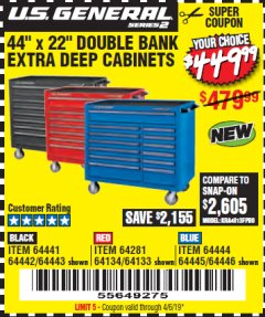 Harbor Freight Coupon 44" X 22" DOUBLE BANK EXTRA DEEP ROLLER CABINETS Lot No. 64444/64445/64446/64441/64442/64443/64281/64134/64133/64954/64955/64956 Expired: 4/6/19 - $449.99