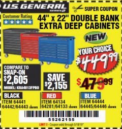 Harbor Freight Coupon 44" X 22" DOUBLE BANK EXTRA DEEP ROLLER CABINETS Lot No. 64444/64445/64446/64441/64442/64443/64281/64134/64133/64954/64955/64956 Expired: 5/18/19 - $449.99