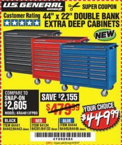Harbor Freight Coupon 44" X 22" DOUBLE BANK EXTRA DEEP ROLLER CABINETS Lot No. 64444/64445/64446/64441/64442/64443/64281/64134/64133/64954/64955/64956 Expired: 6/15/19 - $449.99