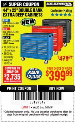 Harbor Freight Coupon 44" X 22" DOUBLE BANK EXTRA DEEP ROLLER CABINETS Lot No. 64444/64445/64446/64441/64442/64443/64281/64134/64133/64954/64955/64956 Expired: 3/17/19 - $399.99