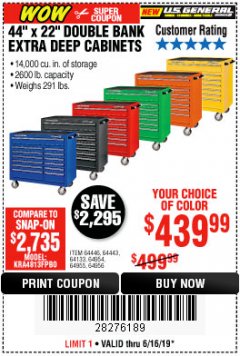 Harbor Freight Coupon 44" X 22" DOUBLE BANK EXTRA DEEP ROLLER CABINETS Lot No. 64444/64445/64446/64441/64442/64443/64281/64134/64133/64954/64955/64956 Expired: 6/16/19 - $439.99