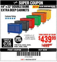 Harbor Freight Coupon 44" X 22" DOUBLE BANK EXTRA DEEP ROLLER CABINETS Lot No. 64444/64445/64446/64441/64442/64443/64281/64134/64133/64954/64955/64956 Expired: 6/23/19 - $439.99