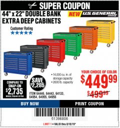 Harbor Freight Coupon 44" X 22" DOUBLE BANK EXTRA DEEP ROLLER CABINETS Lot No. 64444/64445/64446/64441/64442/64443/64281/64134/64133/64954/64955/64956 Expired: 8/18/19 - $449.99
